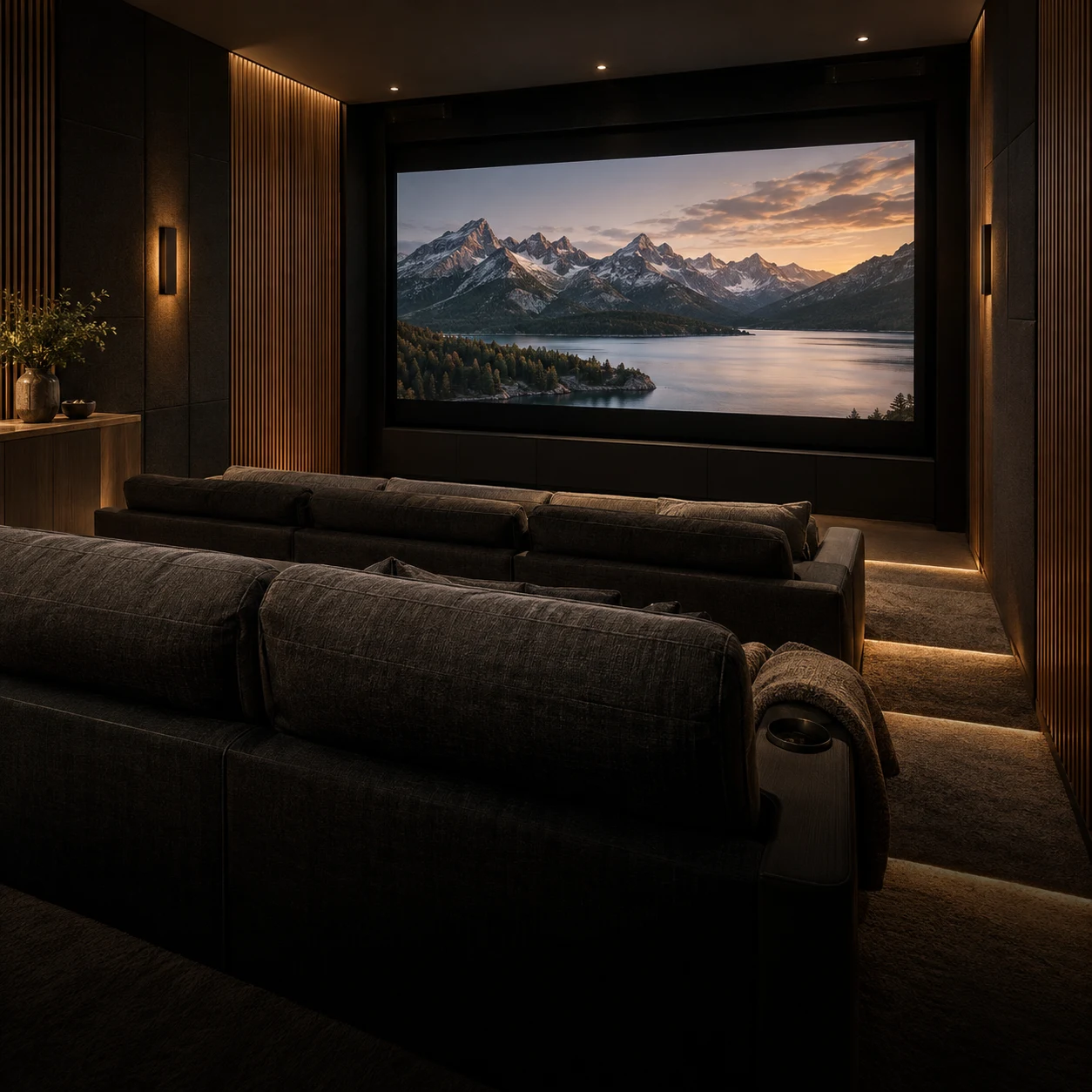 dark home theater or media room, screen lit
