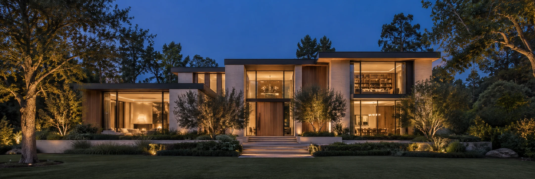 exterior of a luxury home at twilight, interior lights glowing